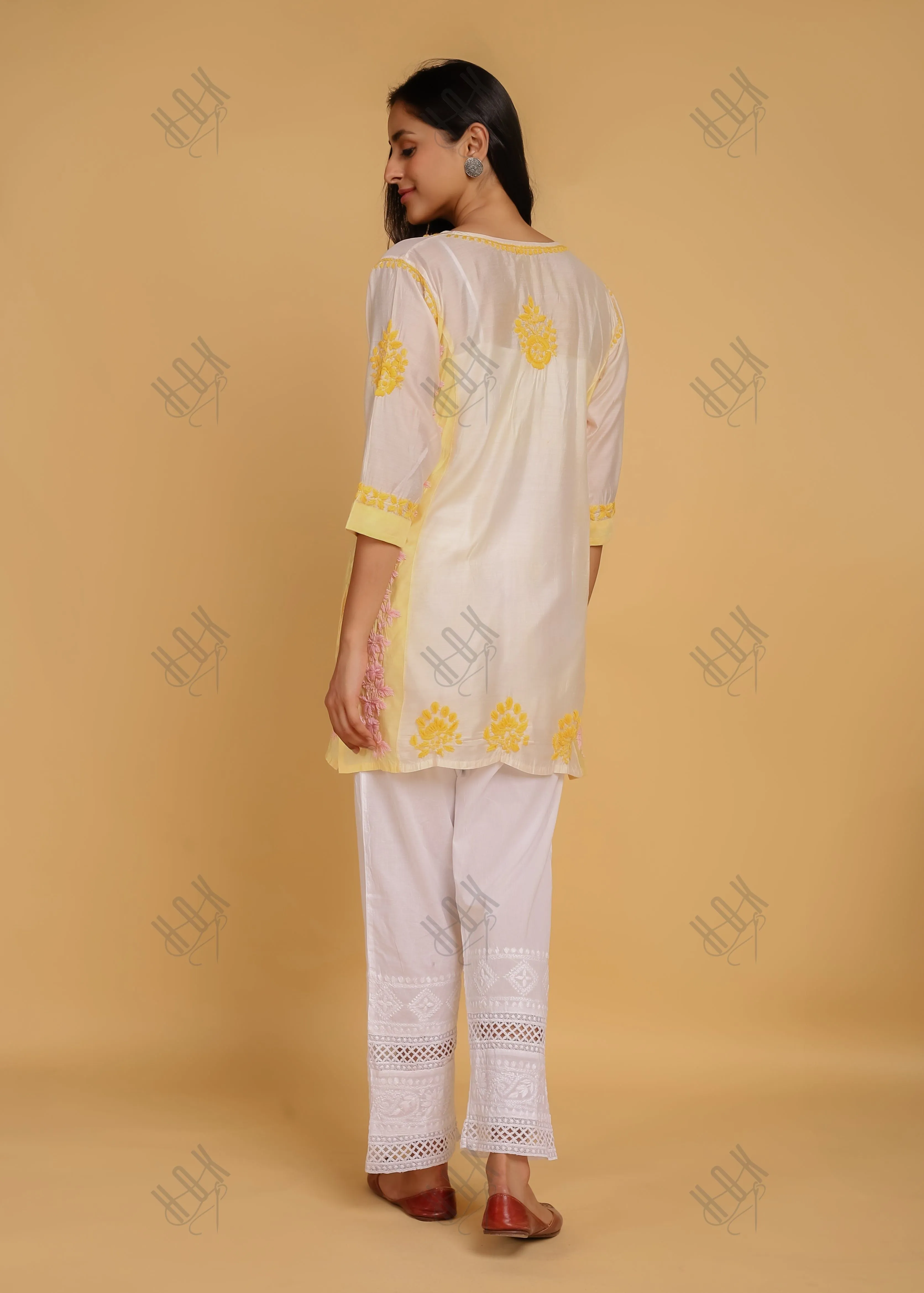 Saba Chikankari Short kurta in Chanderi Silk - Yellow White