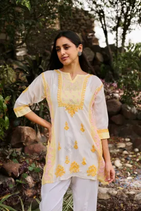 Saba Chikankari Short kurta in Chanderi Silk - Yellow White