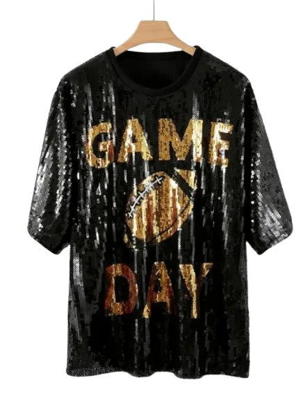 Saints sequence black game day dress with gold graphic design football and lettering