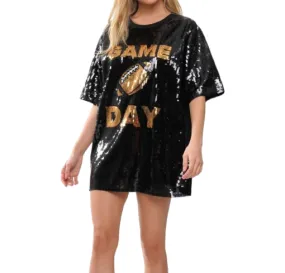 Saints sequence black game day dress with gold graphic design football and lettering