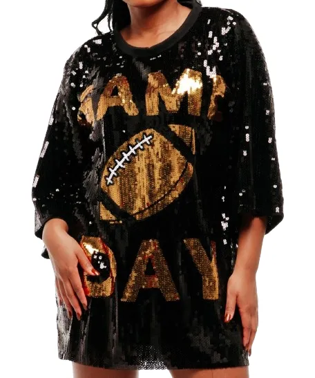Saints sequence black game day dress with gold graphic design football and lettering