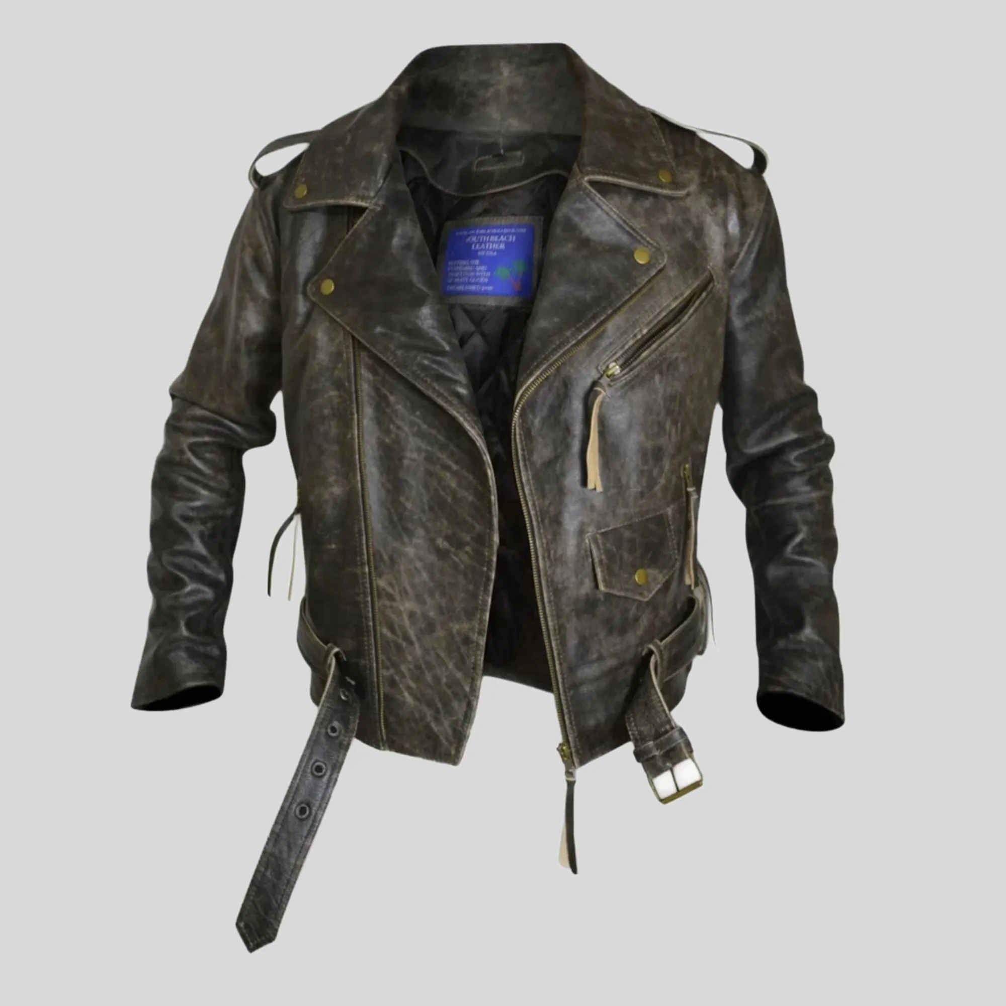 Side Lace-up Vintage Distress Motorcycle Biker Leather Jacket (CL-12)