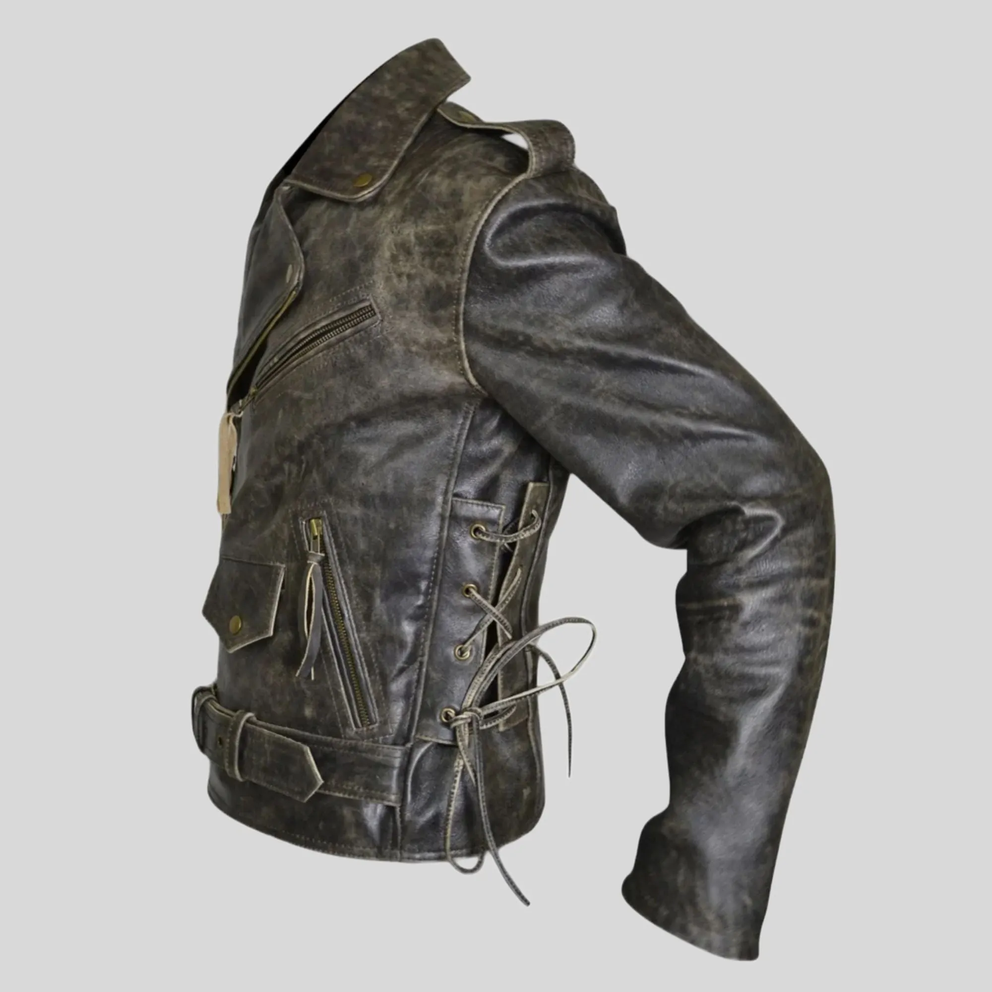 Side Lace-up Vintage Distress Motorcycle Biker Leather Jacket (CL-12)