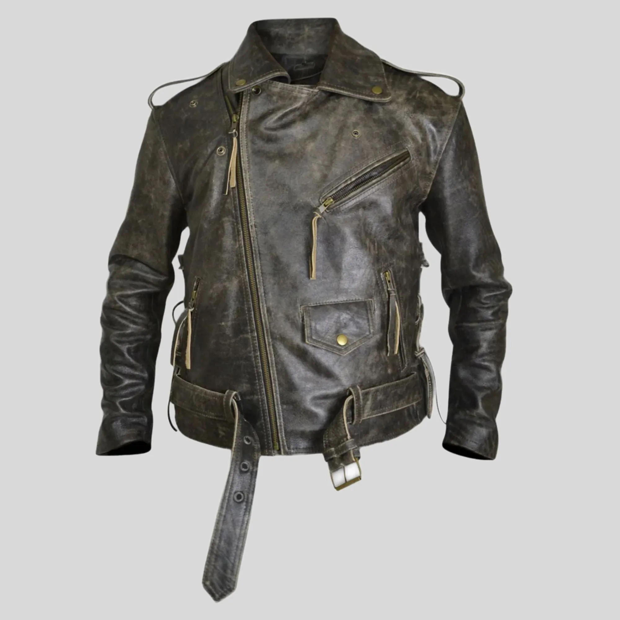 Side Lace-up Vintage Distress Motorcycle Biker Leather Jacket (CL-12)