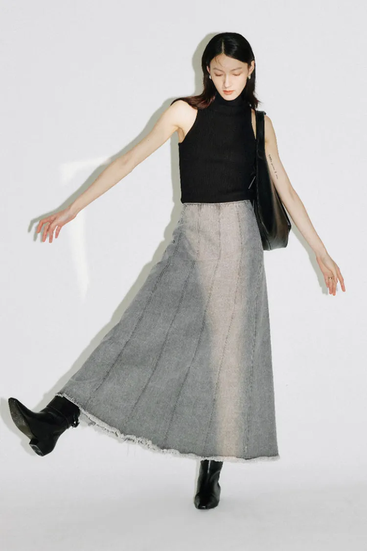 V-shaped denim fringed fishtail skirt dress | 3 colors