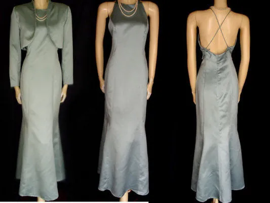 *VINTAGE OLEG CASSINI SEAFOAM HALTER EVENING GOWN WITH MATCHING BOLERO JACKET - GORGEOUS CRISS CROSS BACK