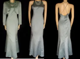 *VINTAGE OLEG CASSINI SEAFOAM HALTER EVENING GOWN WITH MATCHING BOLERO JACKET - GORGEOUS CRISS CROSS BACK