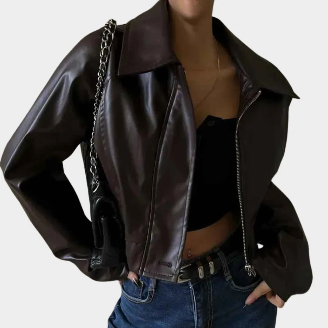 Women's Faux Leather Jacket - Oversized Cropped Coat - Zipper Front - Turn-Down Collar - Brown