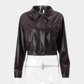 Women's Faux Leather Jacket - Oversized Cropped Coat - Zipper Front - Turn-Down Collar - Brown